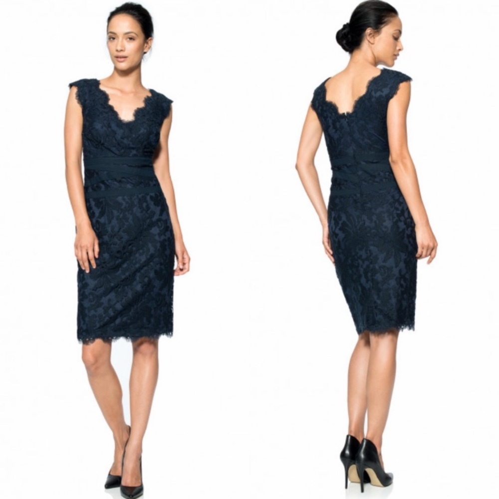 Tadashi Shoji Embroidered V Neck Lace Dress